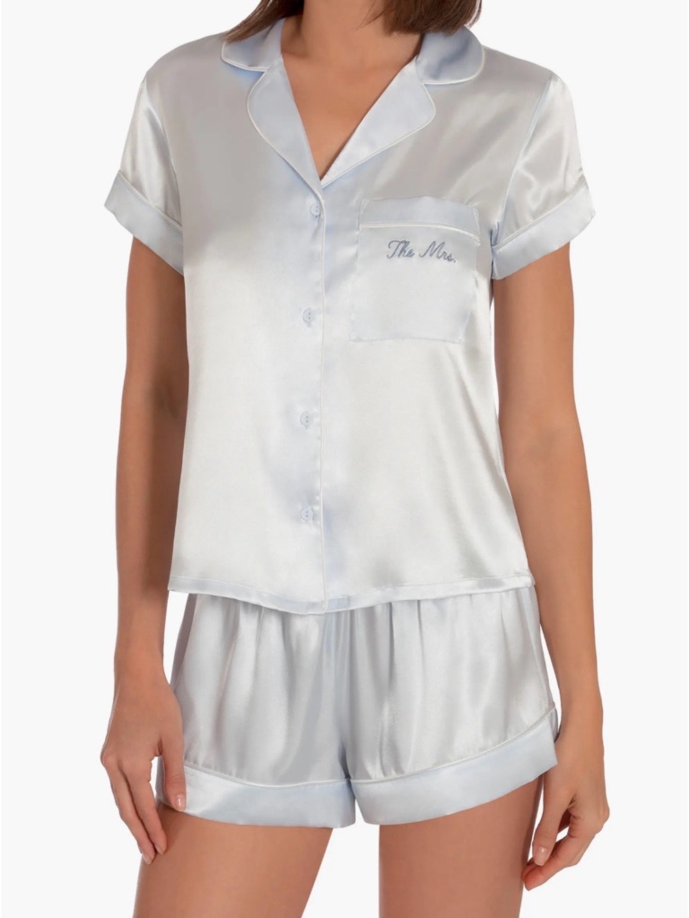 “The Mrs.” Satin Short Pajama Set - Light Blue